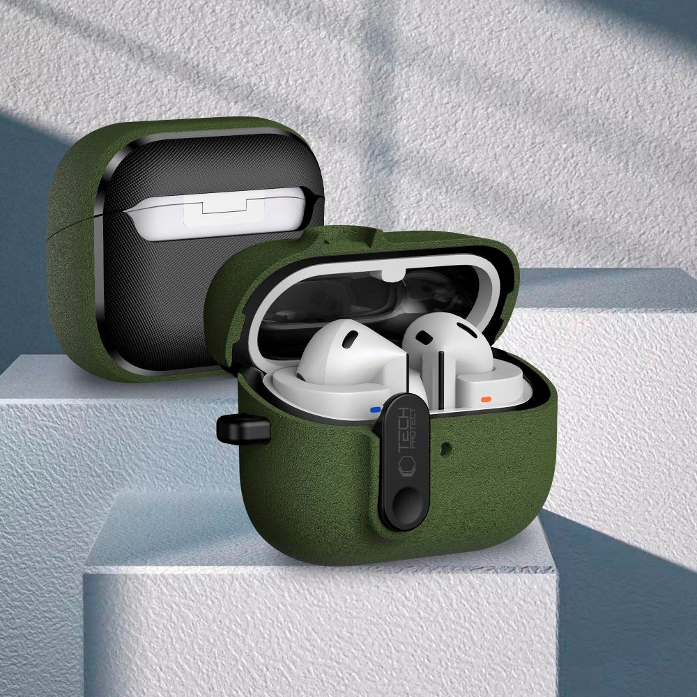 Samsung Galaxy Buds 3 / 3 Pro / 3 FE Tech-Protect Slim Hook Deksel m. Karabinkrok – Grønn