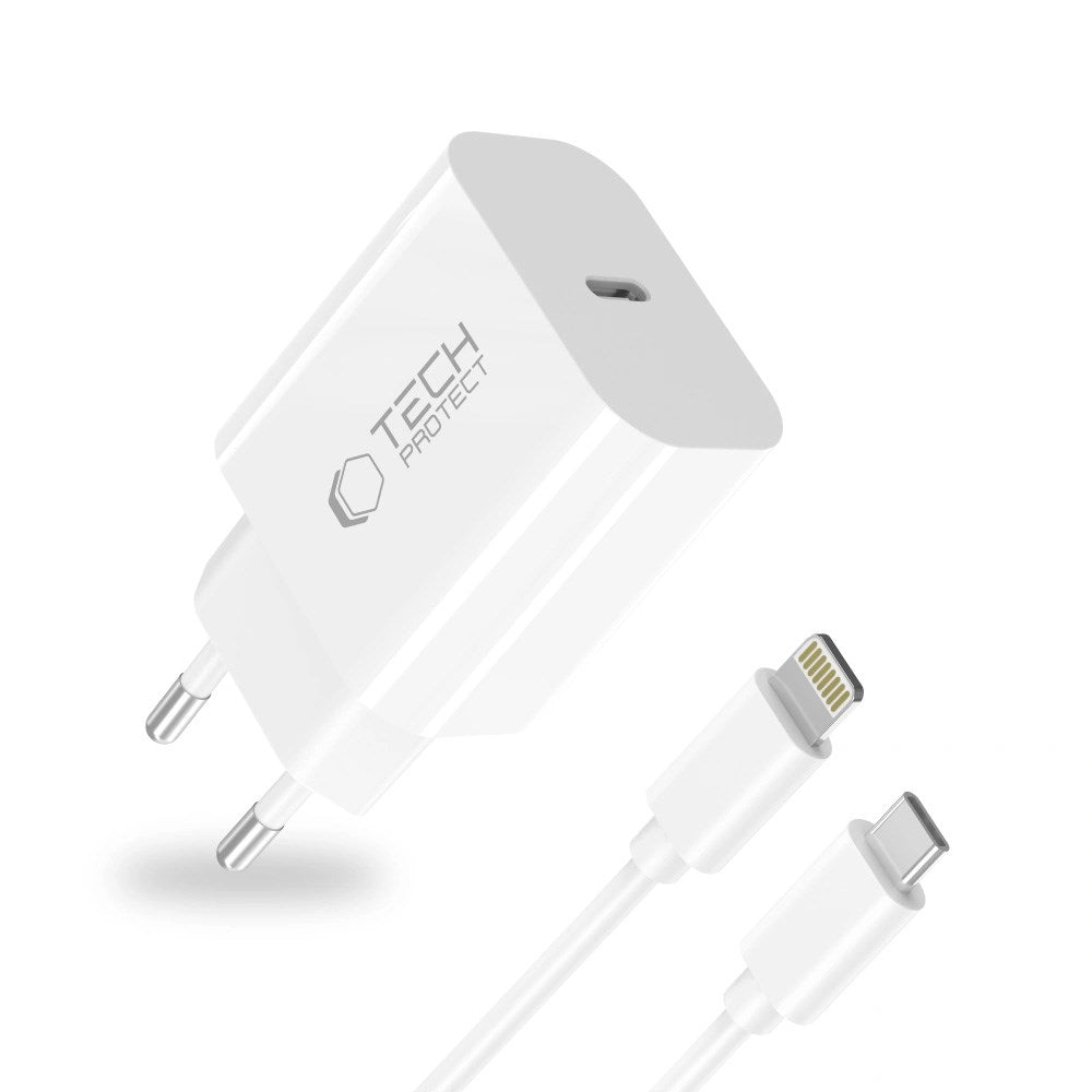Tech-Protect 20W Vegglader m. 1 x Lightning Kabel - Hvit