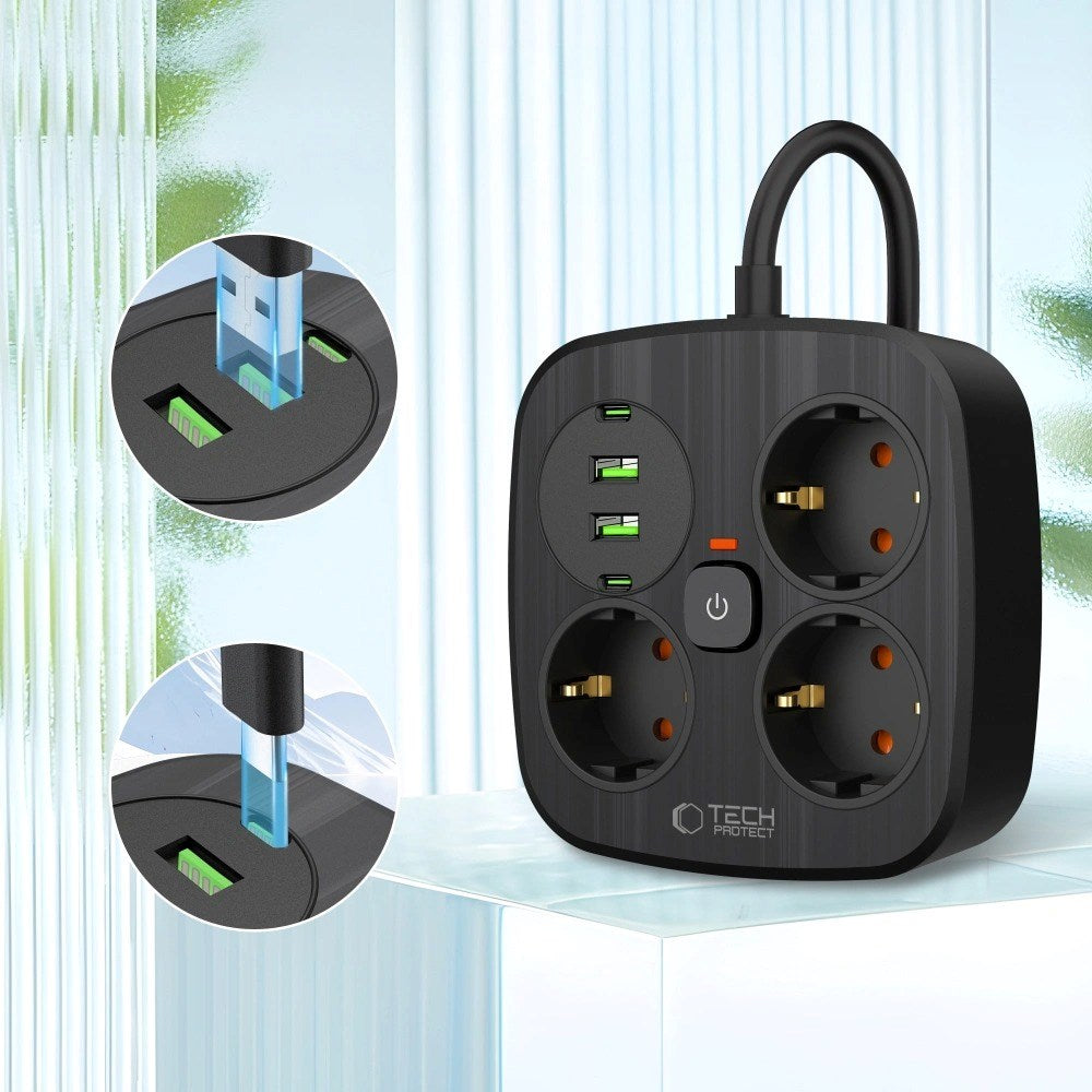 Tech-Protect Multifunksjonell Strømskinne med 3 x Uttak / 2 x USB-A / 2 x USB-C - 2m - Svart