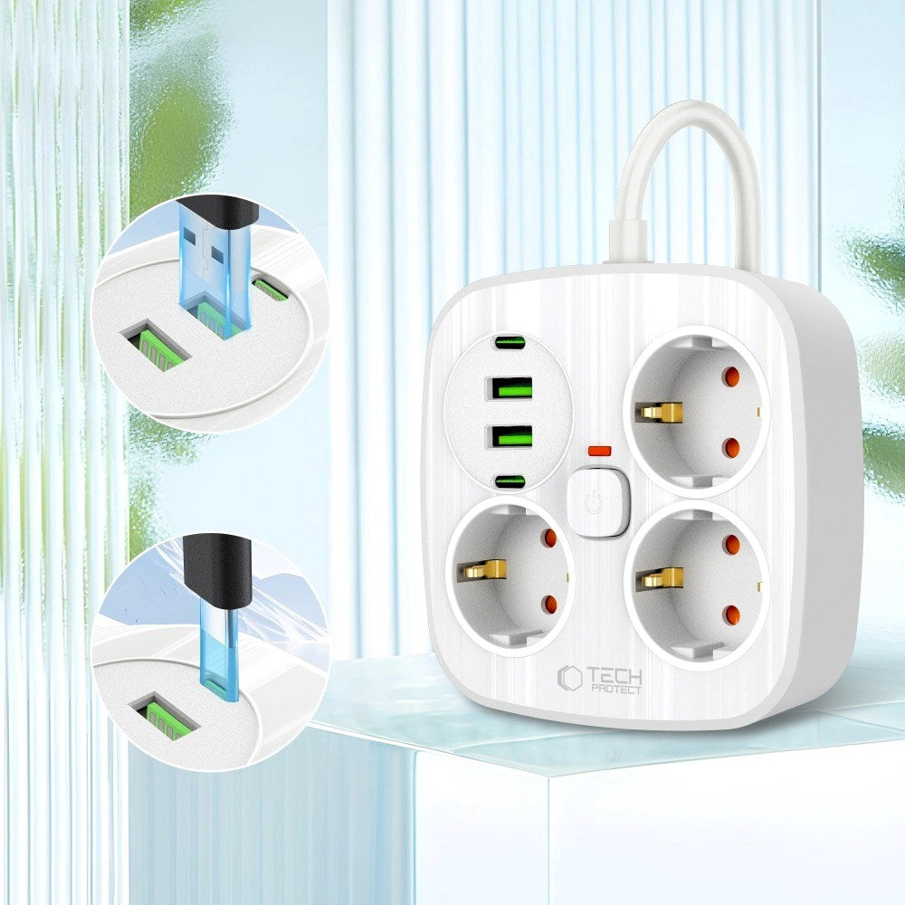 Tech-Protect Multifunksjonell Strømskinne med 3 x Uttak / 2 x USB-A / 2 x USB-C - 2m - Hvit