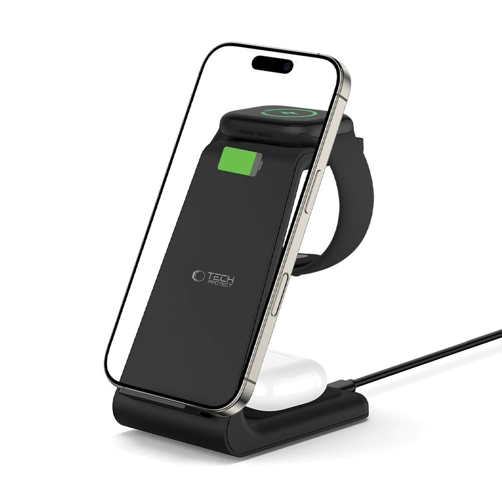 Tech-Protect QI15W-A36 Trådløs Lader med USB-C - 3-i-1 Funksjon - Svart