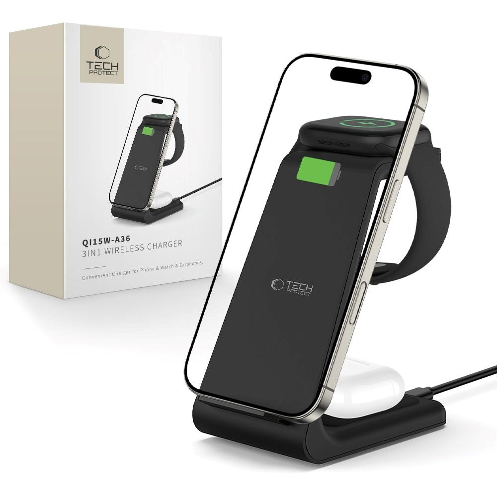 Tech-Protect QI15W-A36 Trådløs Lader med USB-C - 3-i-1 Funksjon - Svart