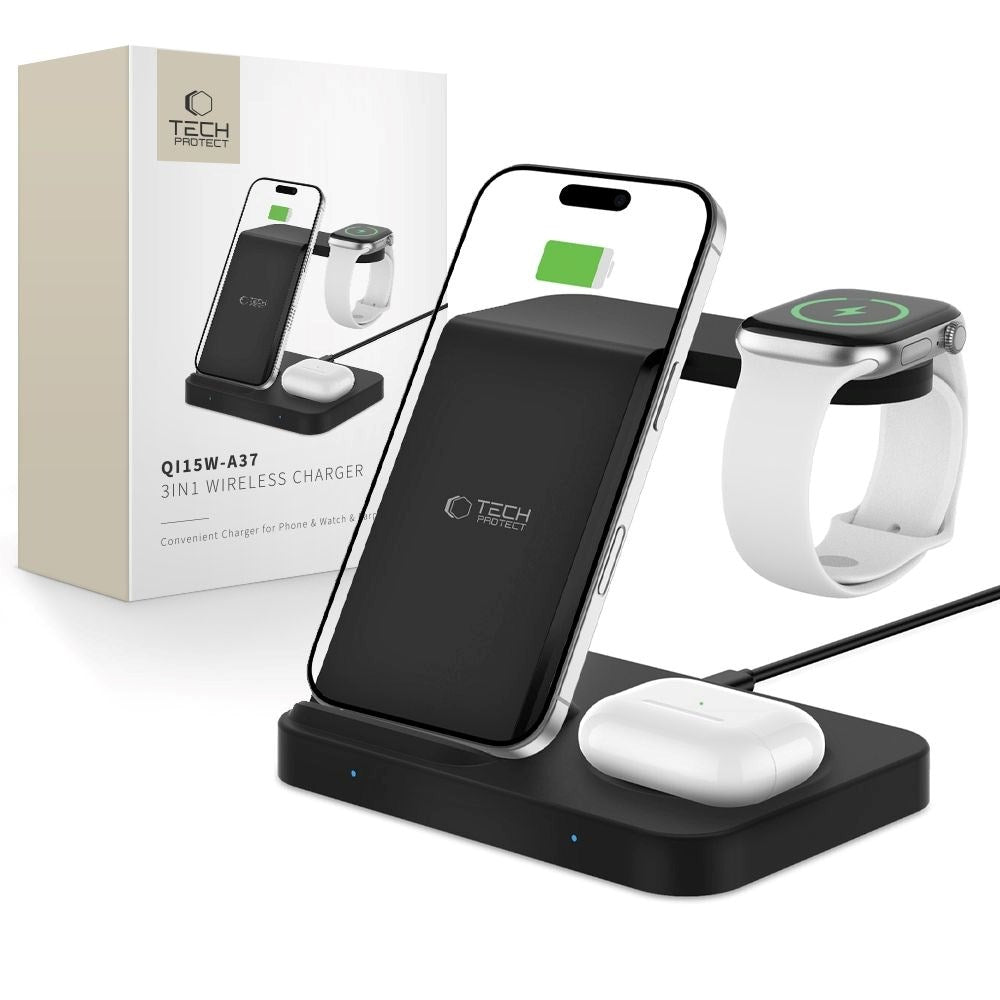 Tech-Protect Qi15W-A37 3-i-1 Trådløs Lader for Apple og Android - Svart