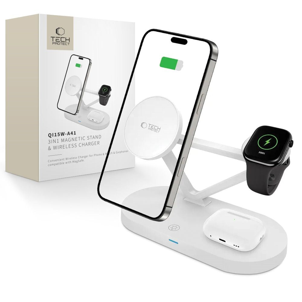 Tech-Protect 3-i-1 Magsafe Trådløs Lader QI 15W - Hvit