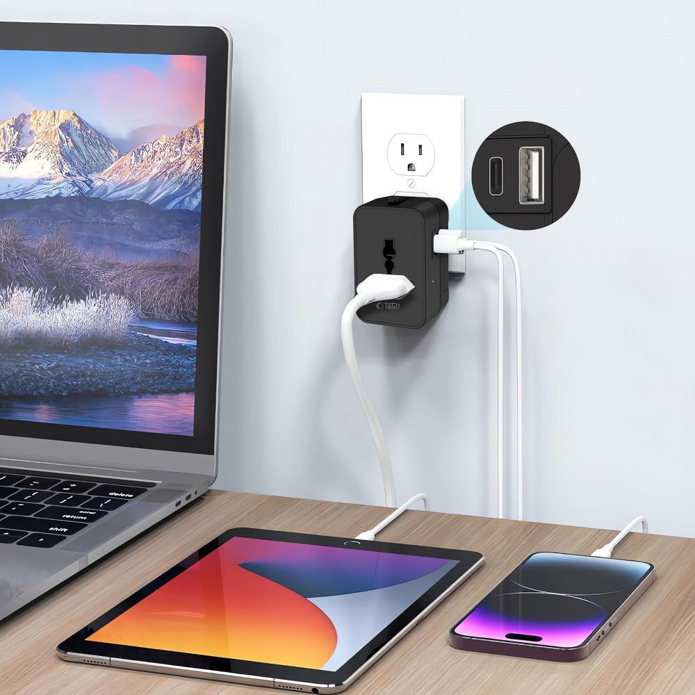 Tech-Protect TA300 Reiseadapter - EU / UK / US / AU - Svart