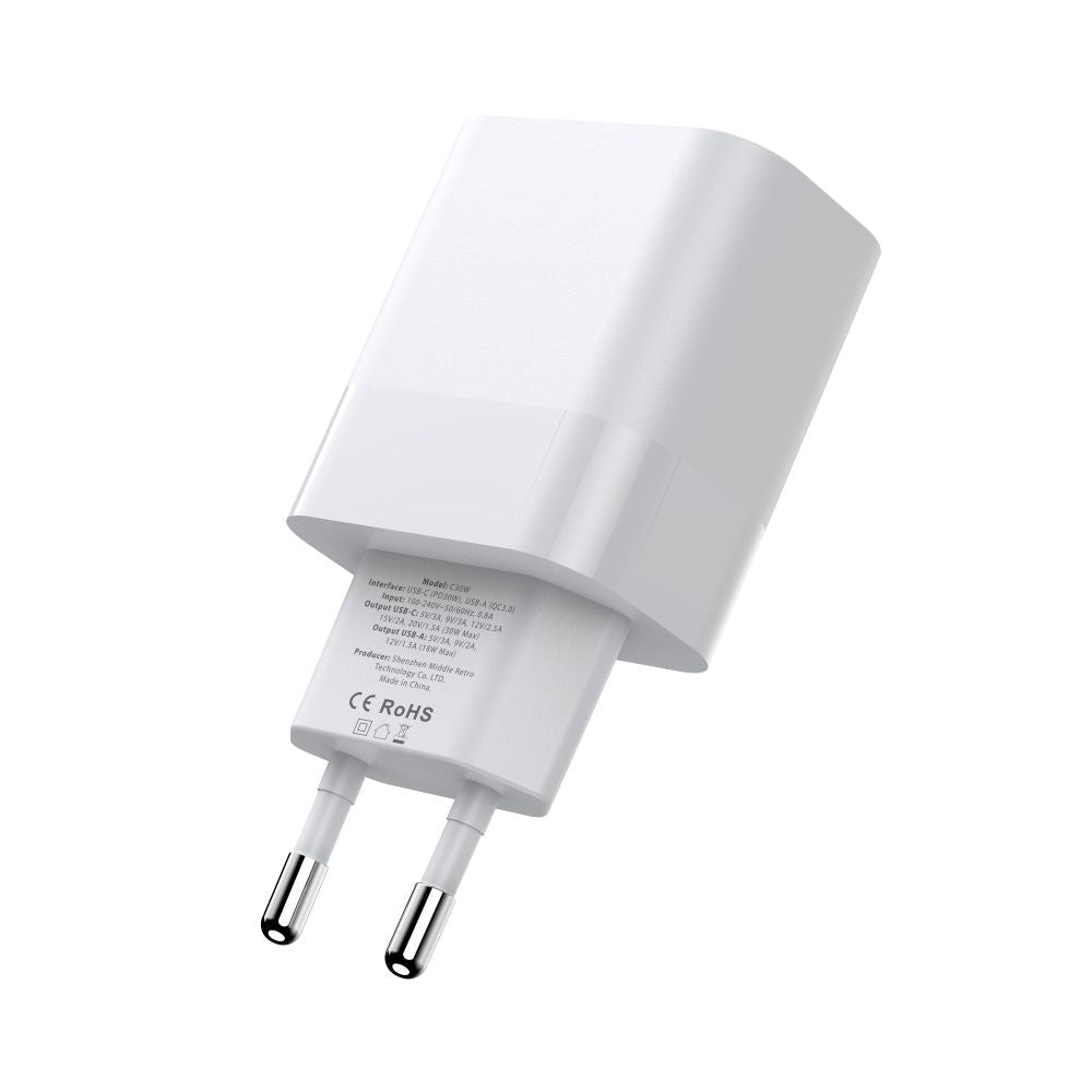 Tech-Protect 30W Veggladere m. 1 x USB-C & 1 x USB-A - Hvit