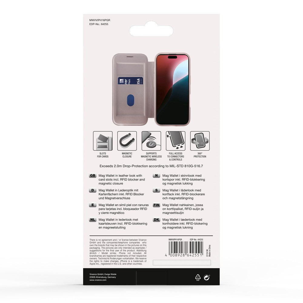 iPhone 16 Pro Vivanco Classic Wallet Kunstskinn Flipdeksel med Lommebok - MagSafe Kompatibel - Greige