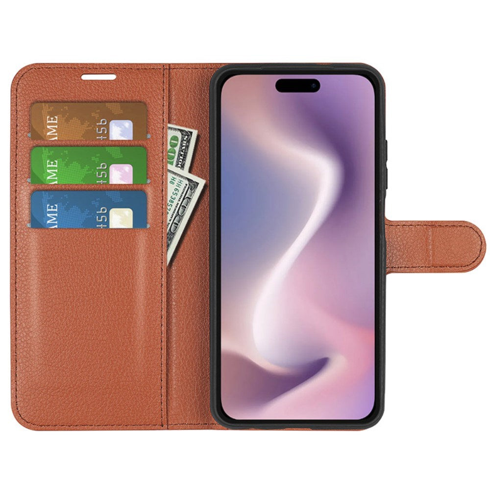 EIDERWOOD iPhone 16 Litchi Skin Flip Deksel med Lommebok - Brun