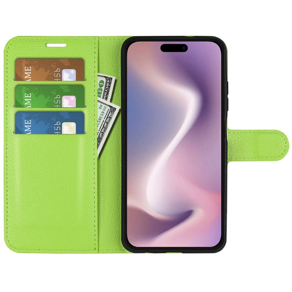 EIDERWOOD iPhone 16 Litchi Skin Flip Deksel med Lommebok - Grønn