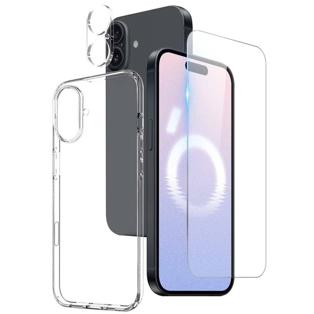 NORTHJO iPhone 16 Plus | 3-i-1 360° Beskyttelsessett med Deksel | Skjermbeskytter | Kameralinsebeskytter - Gjennomsiktig