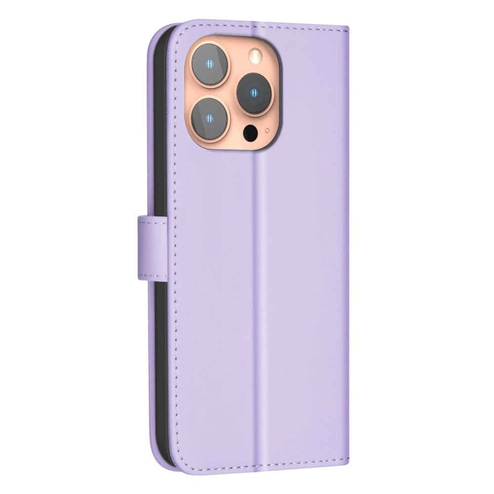 iPhone 16 Pro Rutete Kunstskinn Flip Deksel med Lommebok og Stropp - Lilla