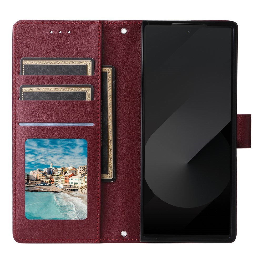 EIDERWOOD Samsung Galaxy Z Fold6 Kunstskinn Flip Deksel m. Kortholder & Stropp - Mørkerød