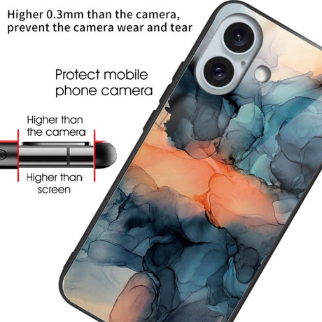 EIDERWOOD iPhone 16 Fleksibel Plastik Deksel m. Glassbakside - Oransje / Blå Sky