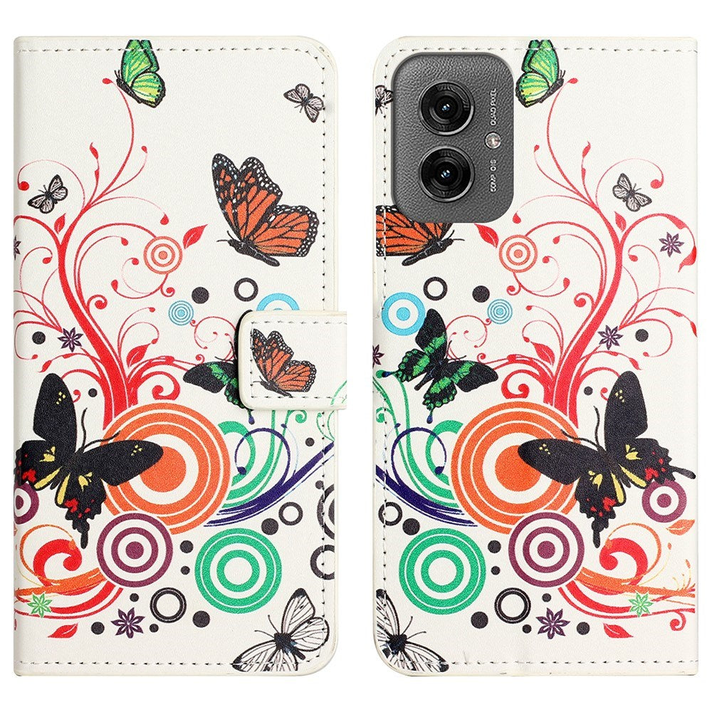 EIDERWOOD Motorola Moto G55 Flipdeksel med Lommebok og Stativ Funksjon - Hvit / Sommerfugler