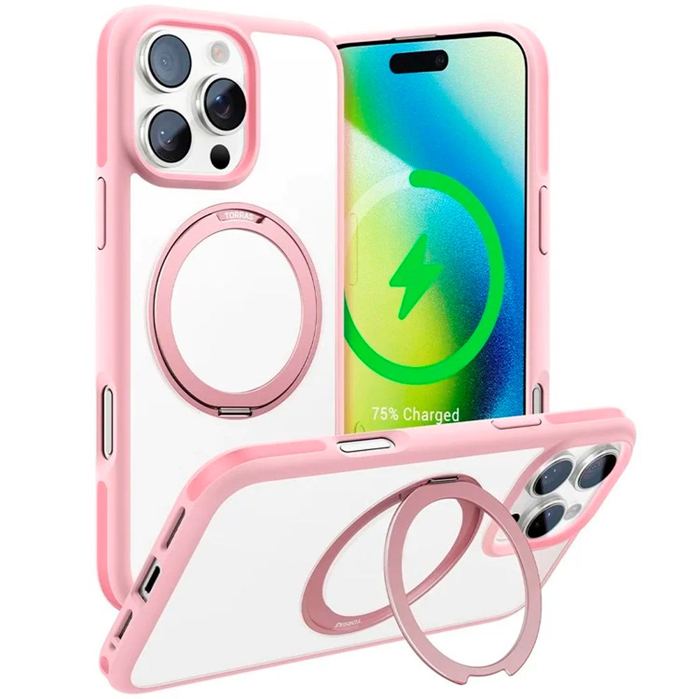TORRAS iPhone 16 Pro Hybrid Plast Deksel m. Roterbar Kickstand Ring - MagSafe Kompatibel - Gjennomsiktig / Rosa