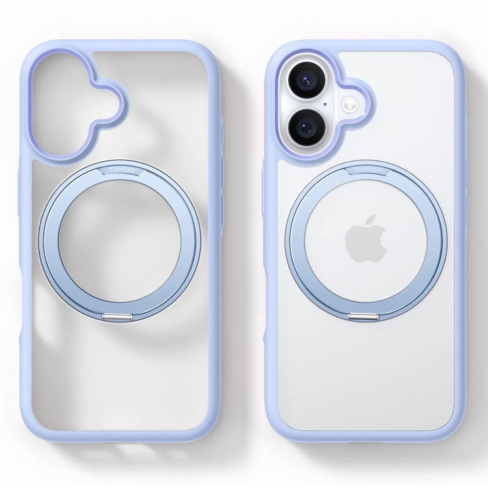 TORRAS iPhone 16 Hybrid Plast Deksel m. Roterbar Kickstand Ring - MagSafe Kompatibel - Gjennomsiktig / Blå