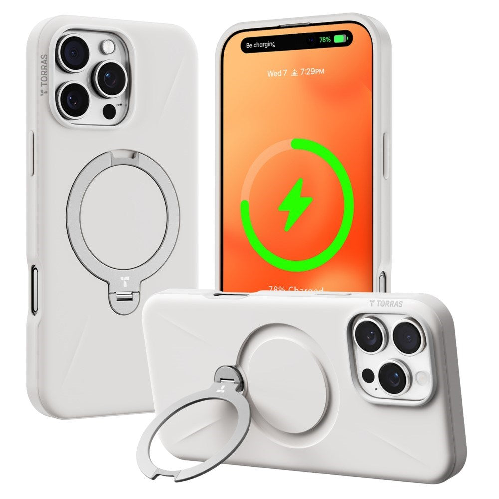 TORRAS iPhone 16 Pro Fleksibelt Plast Deksel m. Ring Kickstand - MagSafe Kompatibel - Hvit