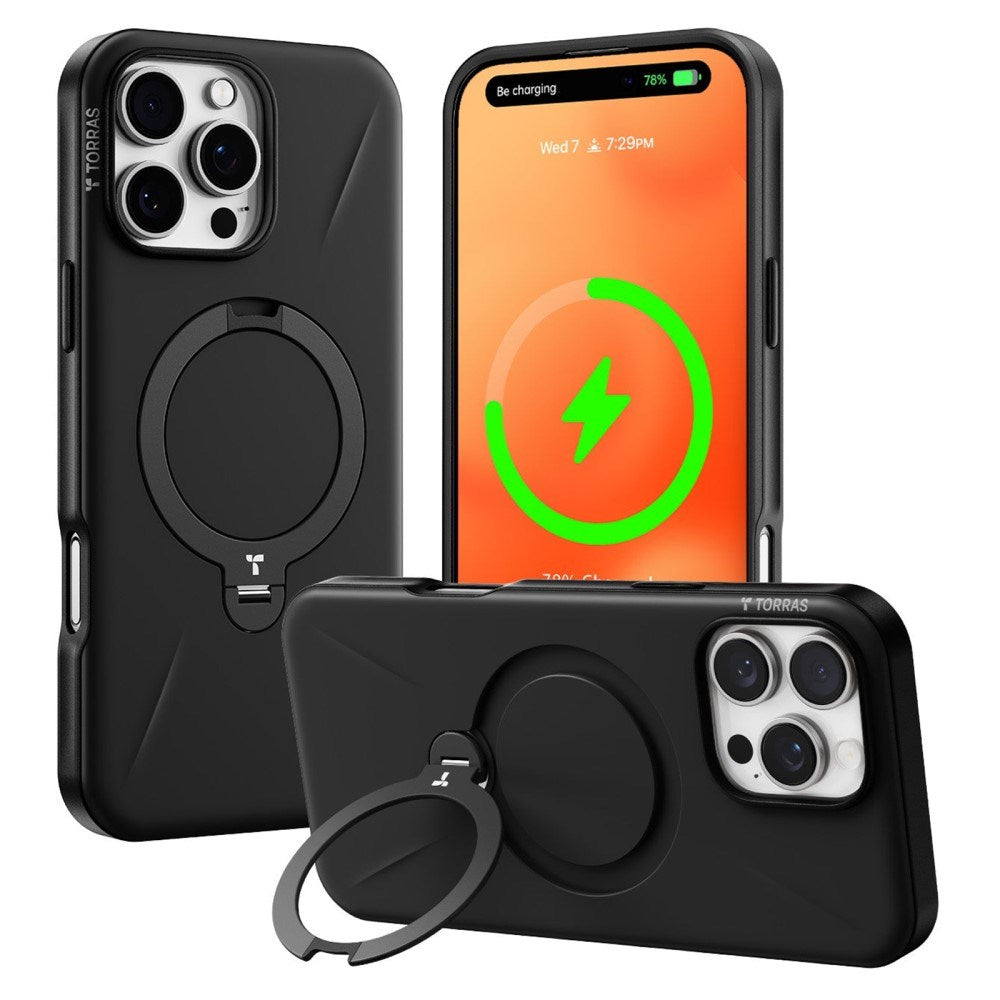 TORRAS iPhone 16 Pro Max Fleksibelt Plast Deksel m. Ring Kickstand - MagSafe Kompatibel - Svart