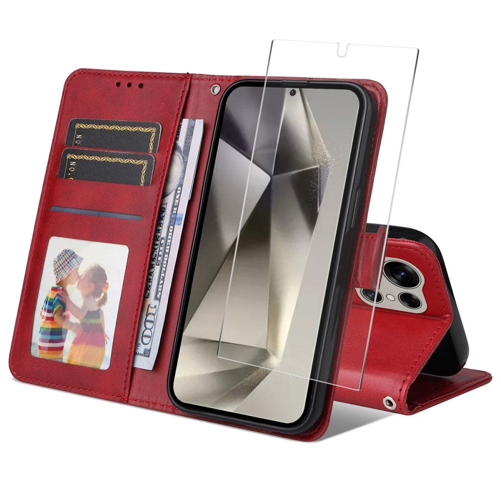 EIDERWOOD Samsung Galaxy S25 Ultra 2-i-1 Kunstskinn Flip Deksel med Skjermbeskyttelsesglass - Rød