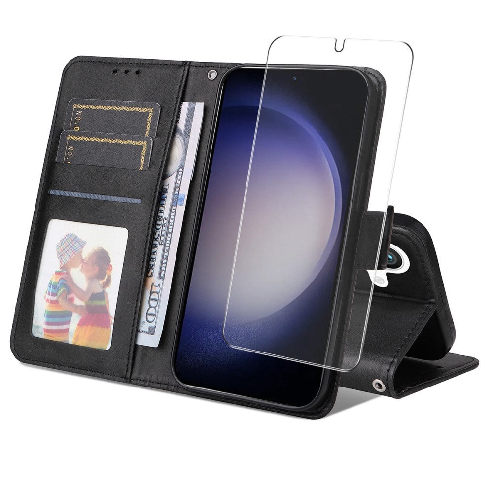 EIDERWOOD Samsung Galaxy S25 / S24 2-i-1 Kunstskinn Flip Deksel med Skjermbeskyttelsesglass - Svart