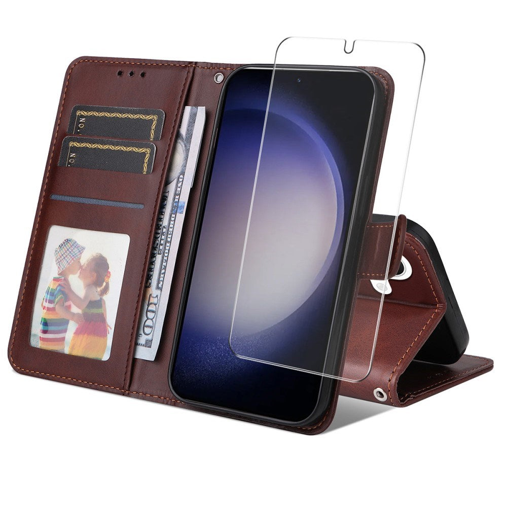 EIDERWOOD Samsung Galaxy S25 / S24 2-i-1 Kunstskinn Flip Deksel med Skjermbeskyttelsesglass - Brun