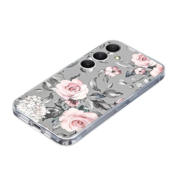 EIDERWOOD Samsung Galaxy S25 FE Fleksibelt Plast Deksel med Motiv - Grå / Rosa Roser
