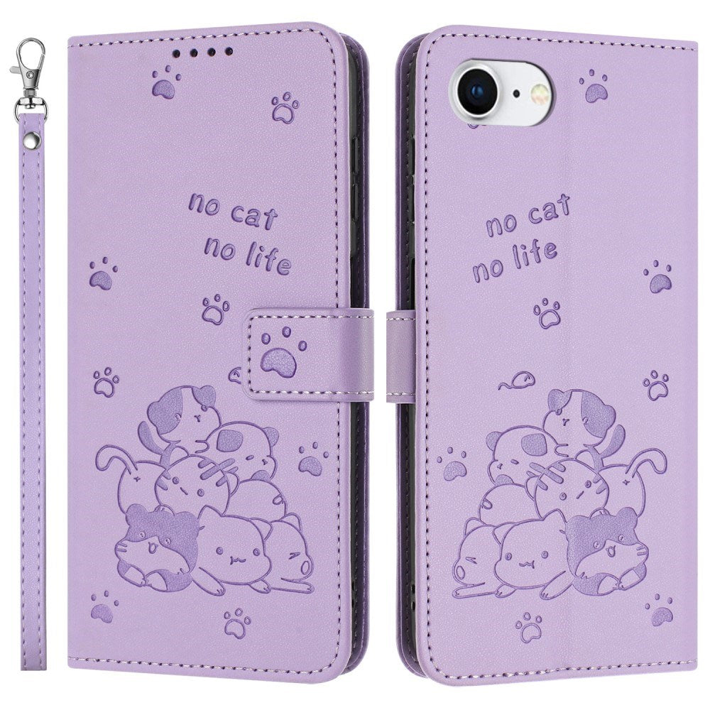 EIDERWOOD iPhone 17e / 16e Kunstskinn Flip Deksel m. Kattemønster - Lilla
