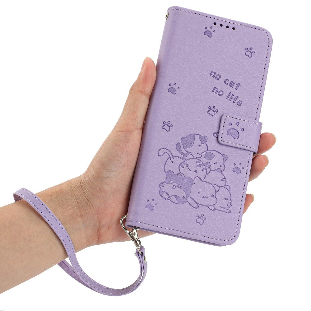 EIDERWOOD iPhone 17e / 16e Kunstskinn Flip Deksel m. Kattemønster - Lilla