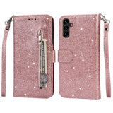 EIDERWOOD Samsung Galaxy S25 Glitter Flip Deksel m. Glidelåslomme & Ståfunksjon - Rosa