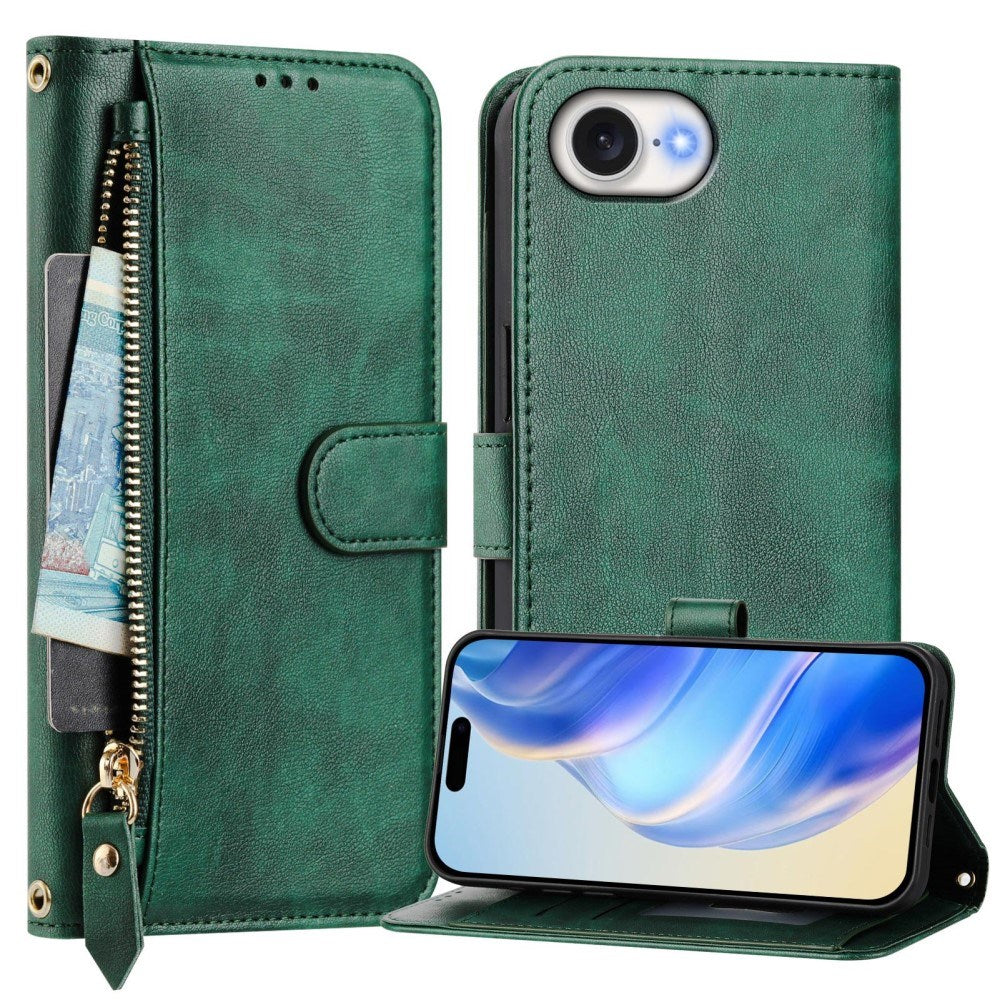 EIDERWOOD iPhone 17e / 16e Kunstskinn Flip Deksel m. Lommebok & Stropp - Grønn