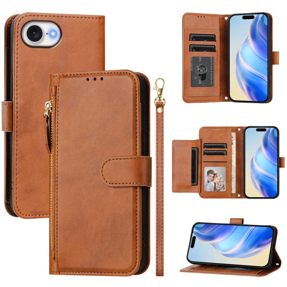 EIDERWOOD iPhone 17e / 16e Kunstskinn Flip Deksel m. Lommebok & Stropp - Brun