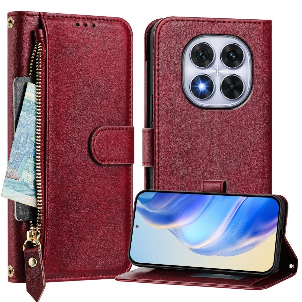 EIDERWOOD Xiaomi Redmi Note 14 Pro+ / 14 Pro (5G) Flip Deksel med Kortholder for 6 Kort & Glidelåslomme - Rød