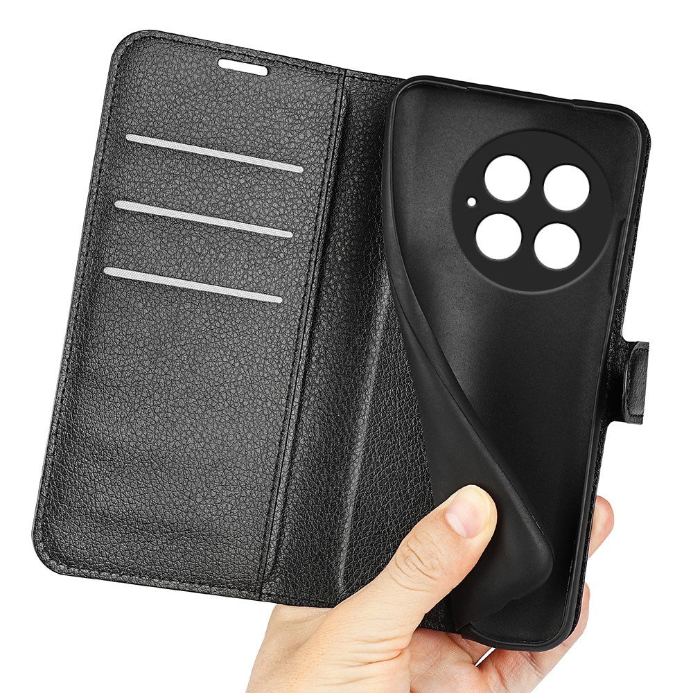 EIDERWOOD OnePlus 13 Støtsikker Lær Wallet Cover med Litchi Tekstur - Svart