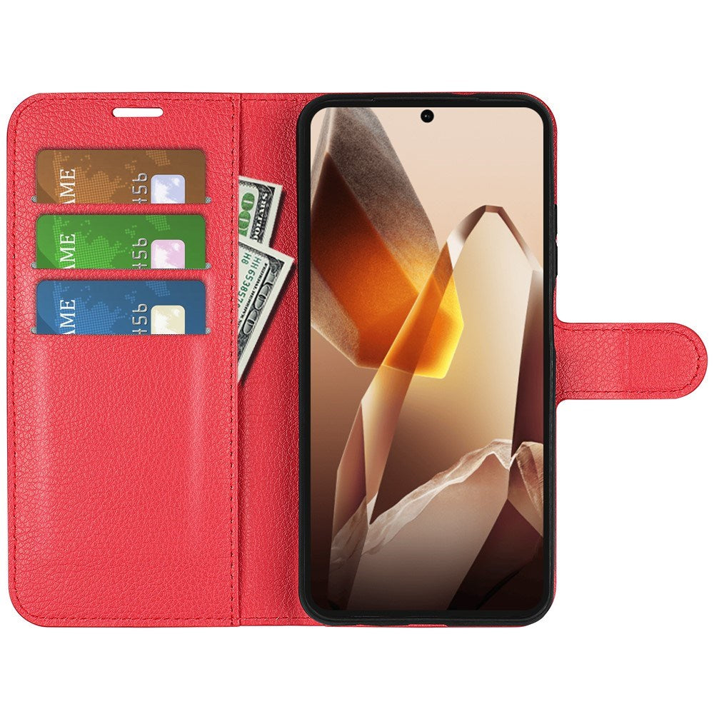 EIDERWOOD OnePlus 13 Støtsikker Lær Wallet Cover med Litchi Tekstur - Rød