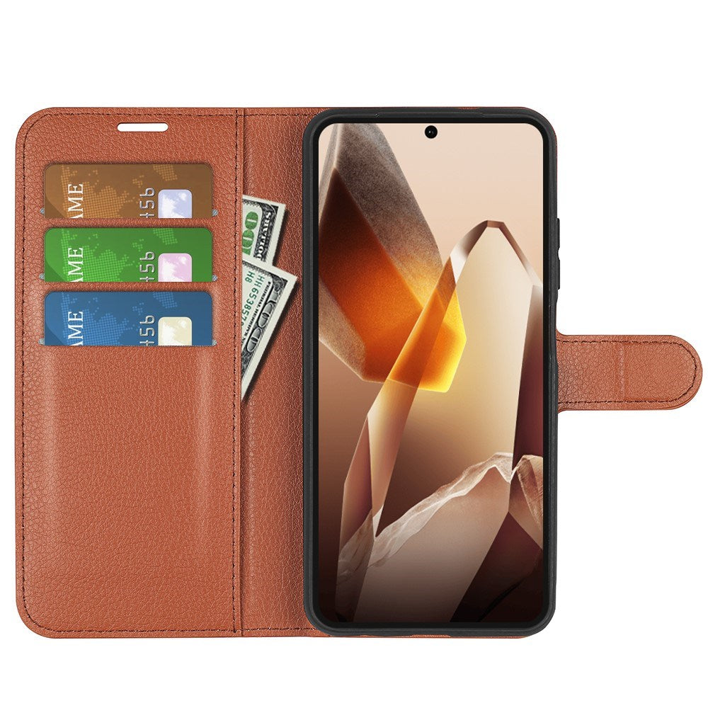 EIDERWOOD OnePlus 13 Støtsikker Lær Wallet Cover med Litchi Tekstur - Brun