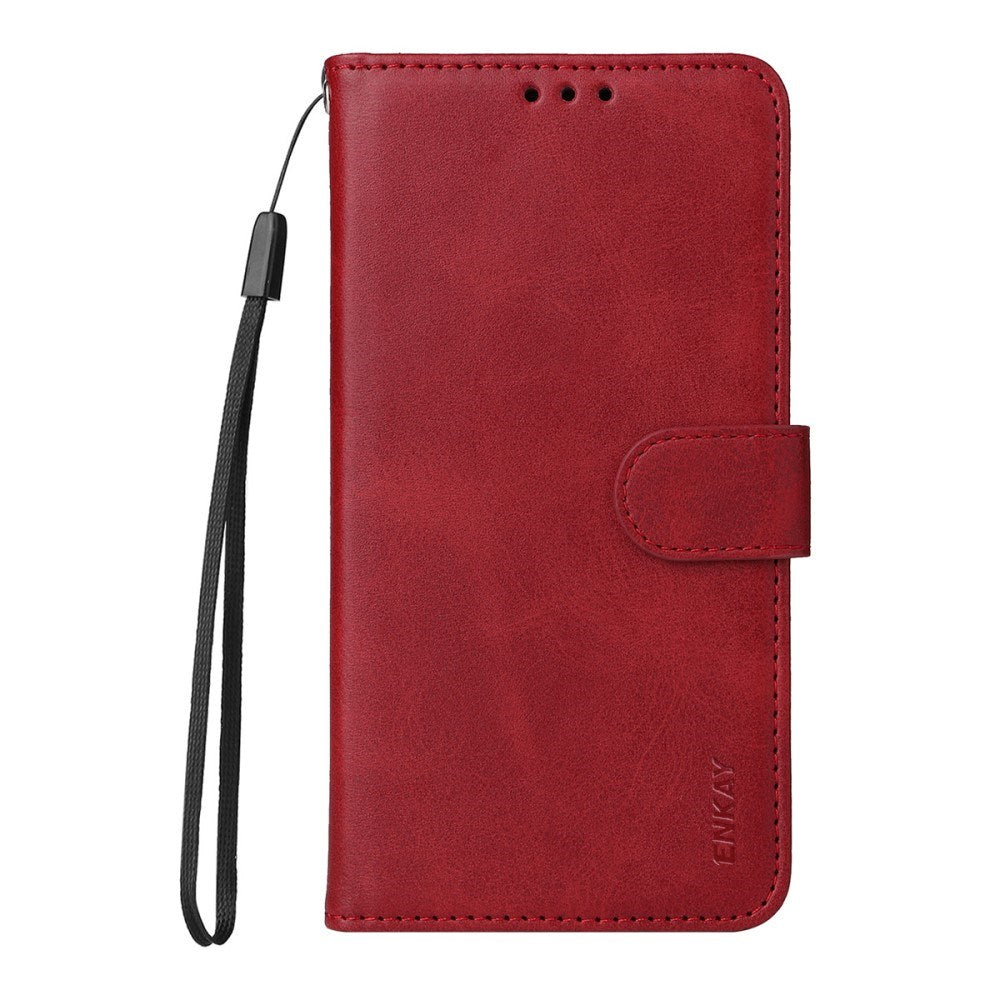 ENKAY iPhone 17e / 16e 2-i-1 Kunstskinn Flip Deksel m. Skjermbeskyttelsesglass - Rød