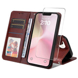 ENKAY iPhone 17e / 16e 2-i-1 Kunstskinn Flip Deksel m. Skjermbeskyttelsesglass - Brun