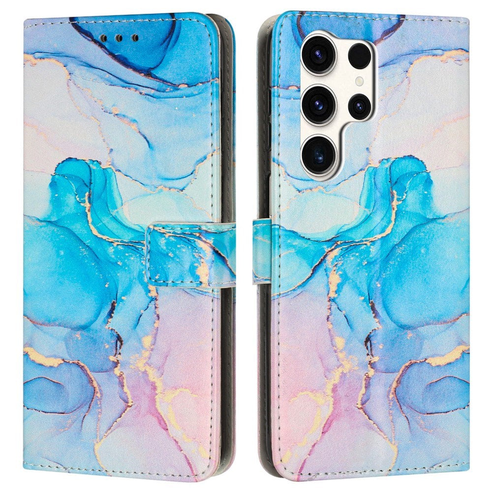 EIDERWOOD Samsung Galaxy S25 Ultra Marmor Mønstret Kunstskinn Flip Deksel m. Stropp - Blå