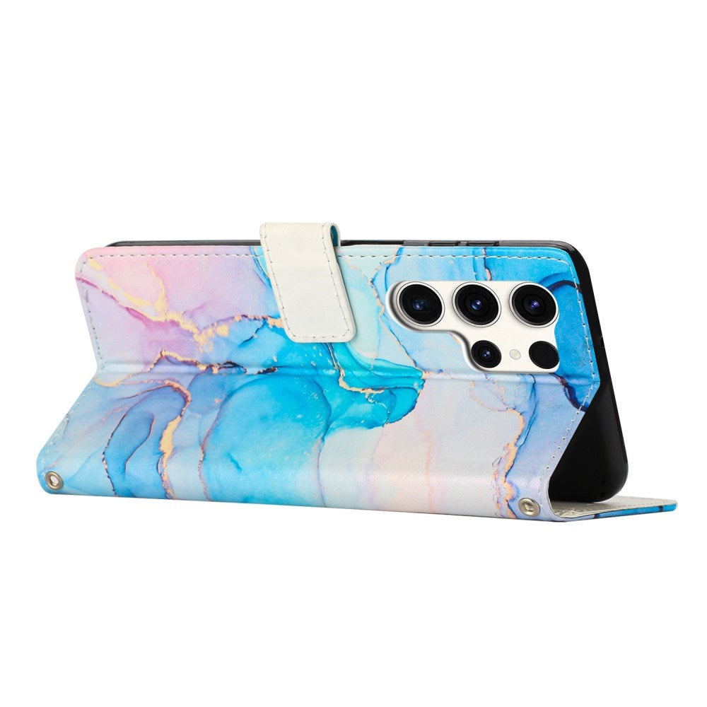 EIDERWOOD Samsung Galaxy S25 Ultra Marmor Mønstret Kunstskinn Flip Deksel m. Stropp - Blå