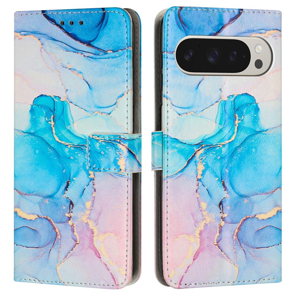 EIDERWOOD Google Pixel 10 Pro XL / 9 Pro XL Marmor Mønstret Kunstskinn Flip Deksel m. Stropp - Rosa / Blå