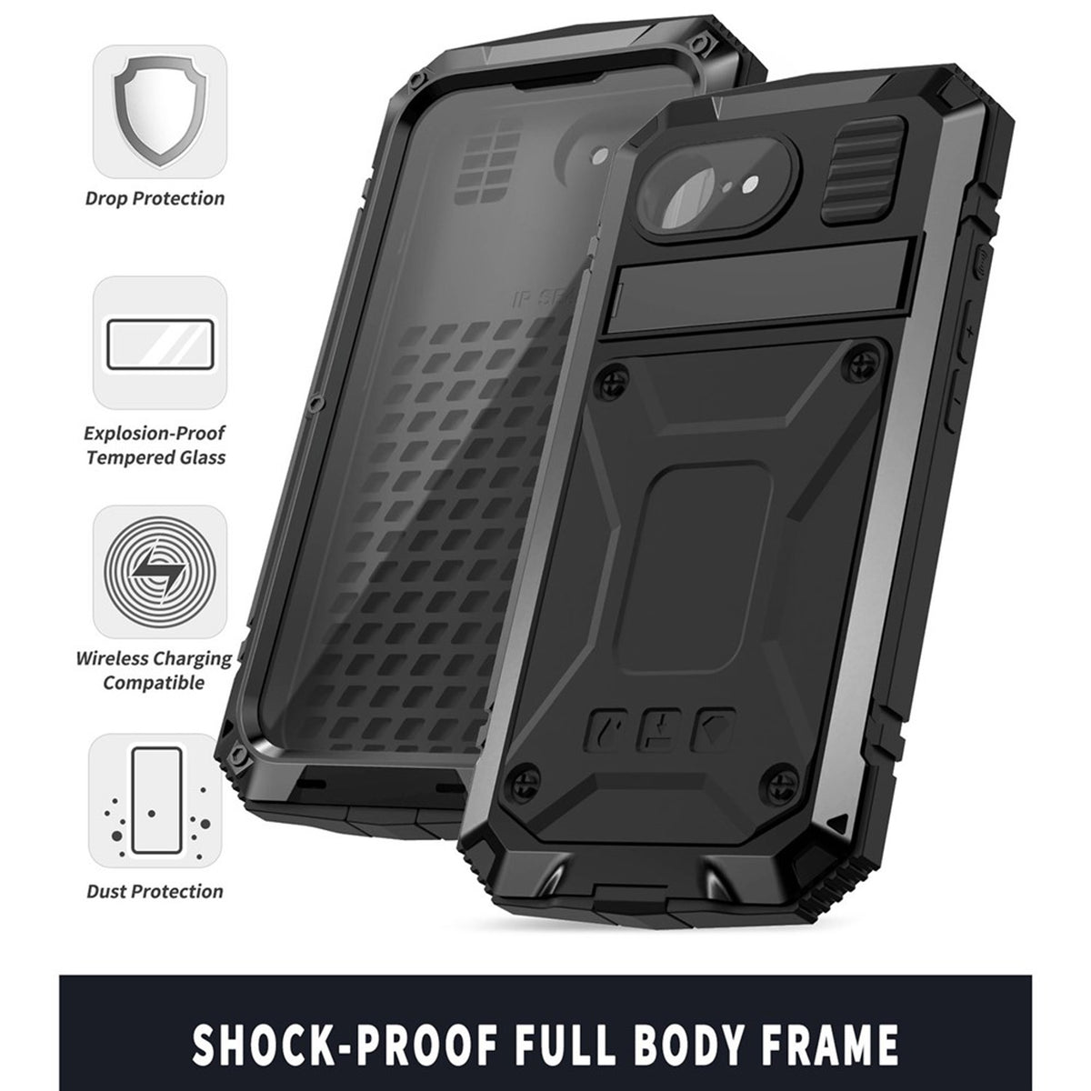iPhone 17e / 16e R-JUST Hybrid Robust Deksel m. Innebygd Skjermbeskyttelse & Kickstand - Svart