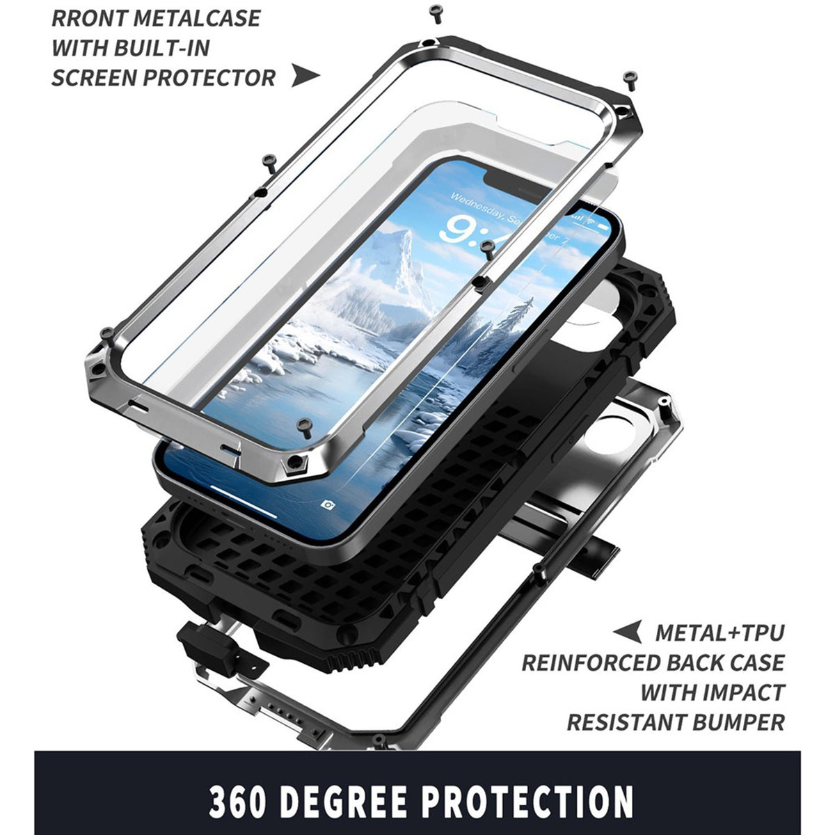 iPhone 17e / 16e R-JUST Hybrid Robust Deksel m. Innebygd Skjermbeskyttelse & Kickstand - Sølv