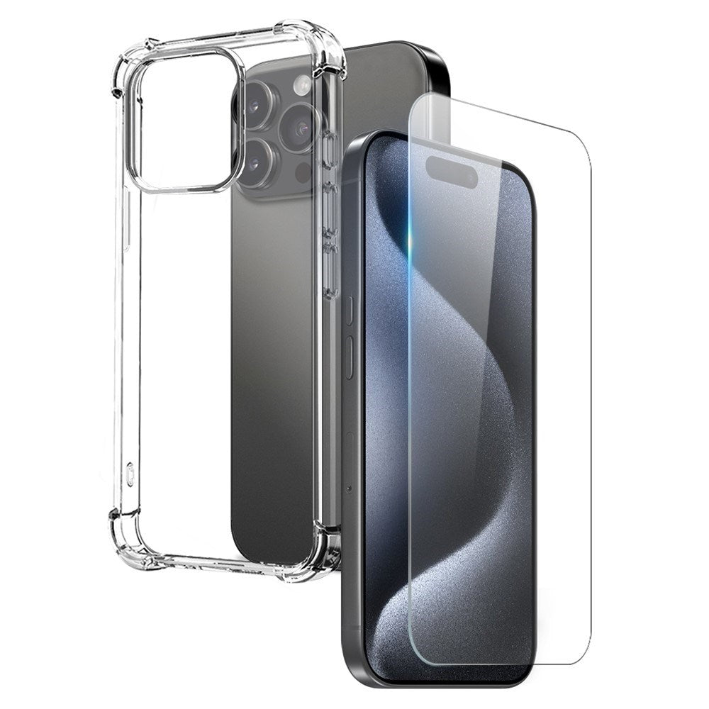 NORTHJO iPhone 15 Pro 2-i-1 Beskyttelsessett med Støtabsorberende Fleksibelt Plast Deksel & Herdet Skjermbeskyttelsesglass - Gjennomsiktig