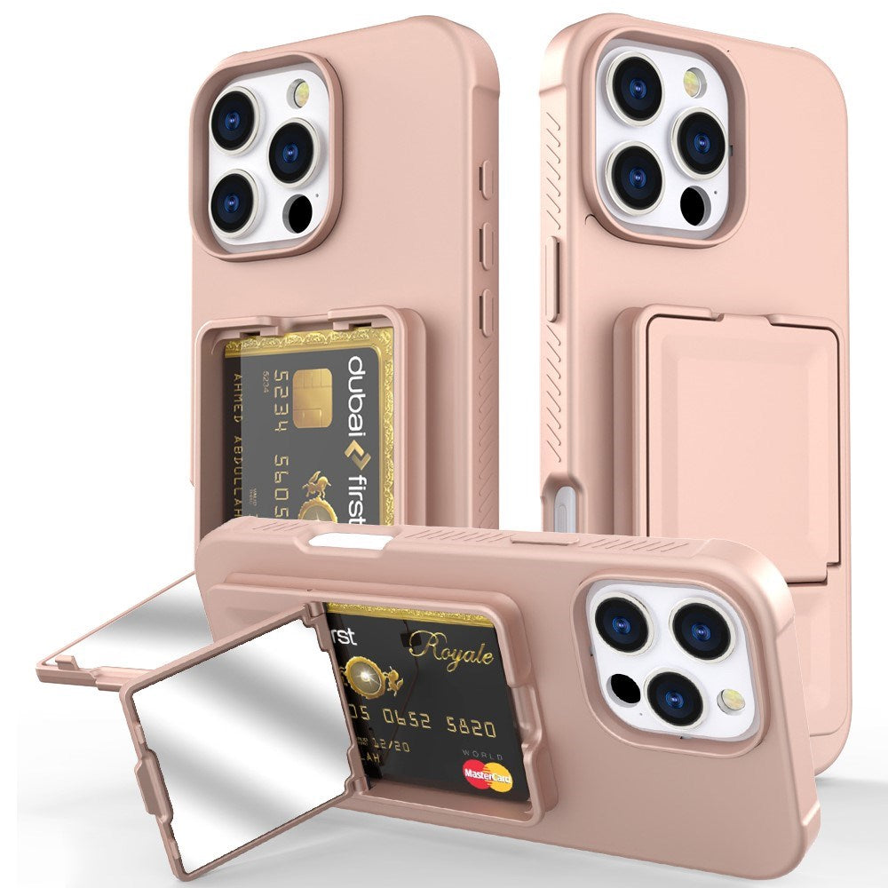 EIDERWOOD iPhone 16 Pro Max Fleksibelt Plast Deksel med Kortholder & Innebygd Speil – Rose Gold