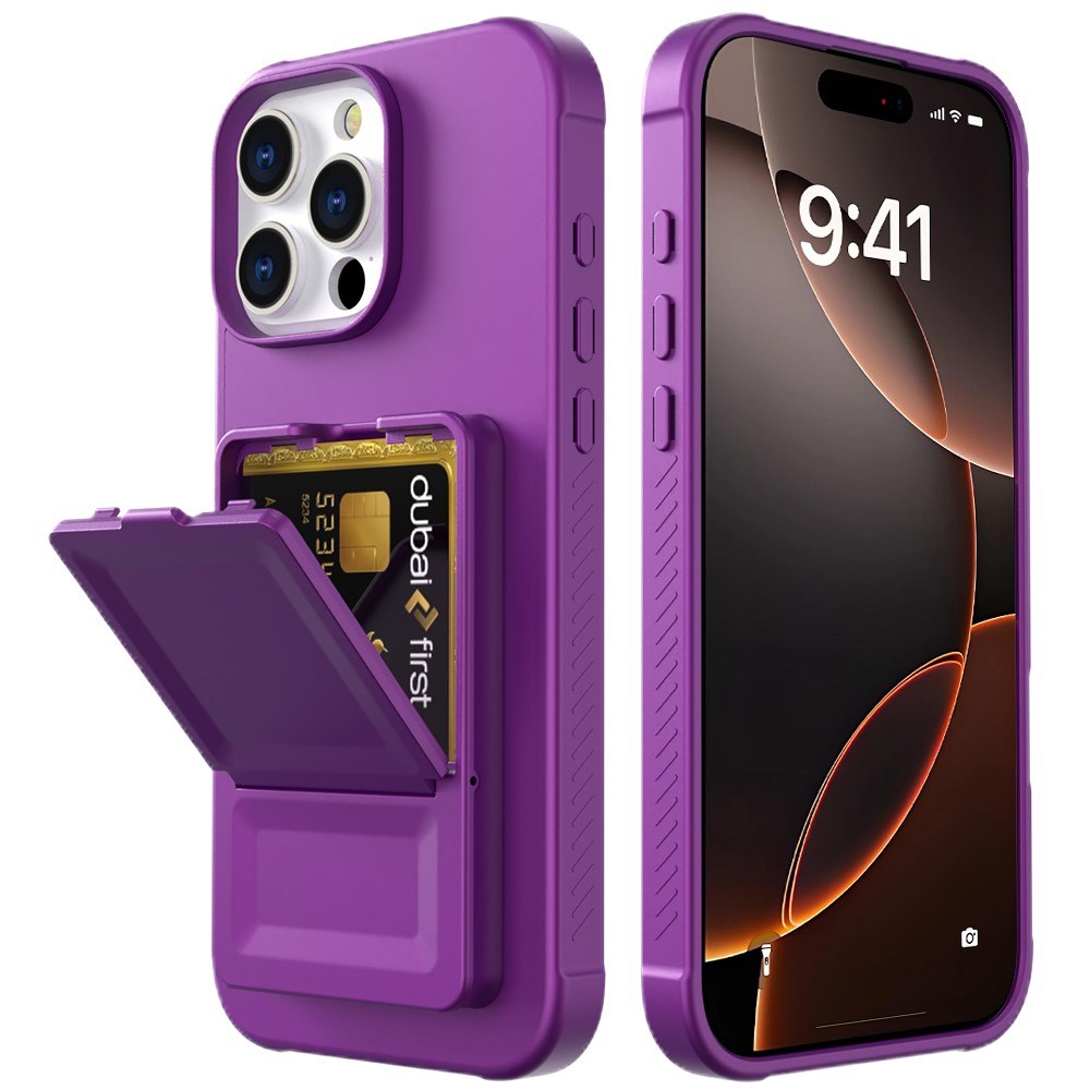 EIDERWOOD iPhone 16 Pro Max Fleksibelt Plast Deksel med Kortholder & Innebygd Speil – Mørk Lilla