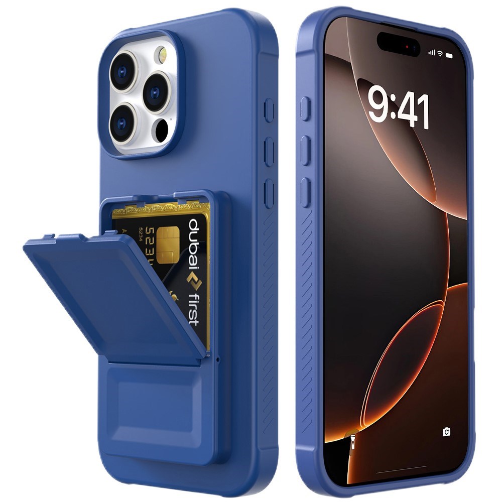 EIDERWOOD iPhone 16 Pro Fleksibelt Plast Deksel med Kortholder & Innebygd Speil – Blå
