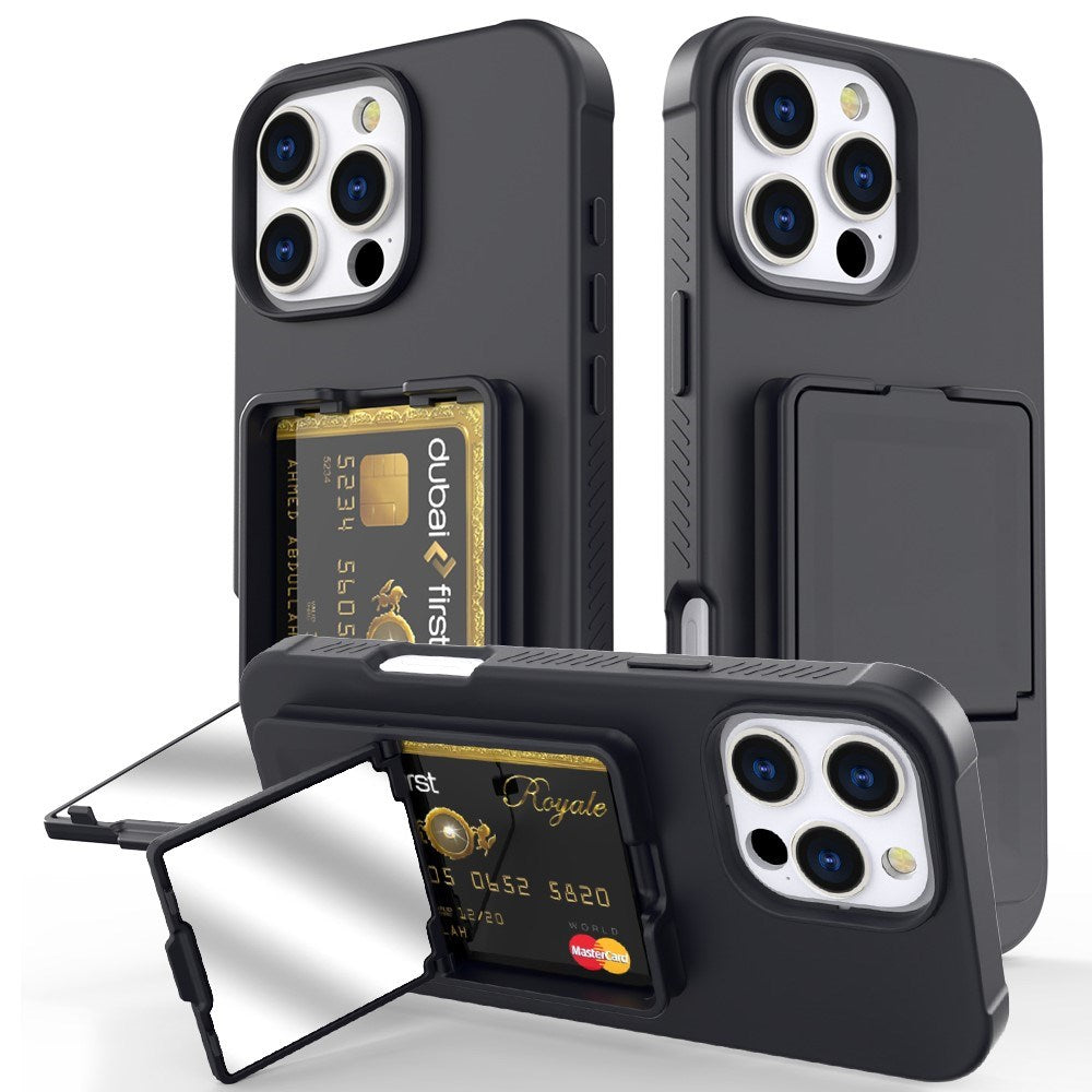 EIDERWOOD iPhone 16 Pro Fleksibelt Plast Deksel med Kortholder & Innebygd Speil – Svart