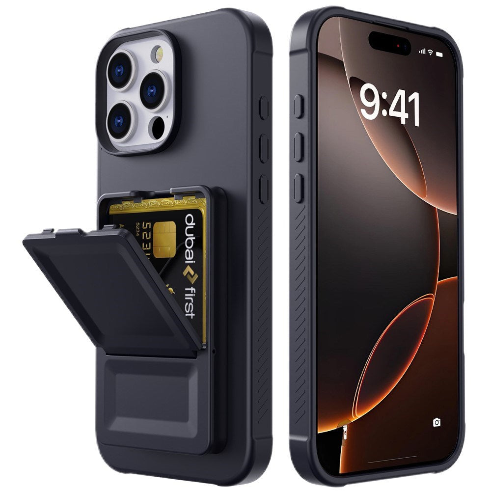 EIDERWOOD iPhone 16 Pro Fleksibelt Plast Deksel med Kortholder & Innebygd Speil – Svart