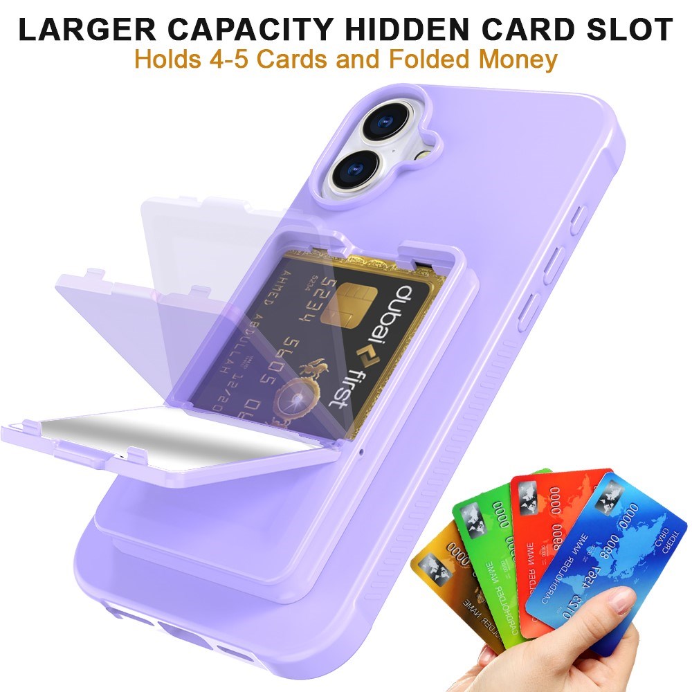 EIDERWOOD iPhone 16 Plus Fleksibelt Plast Deksel med Kortholder & Innebygd Speil – Lilla