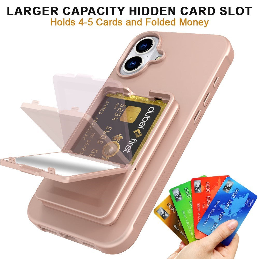 EIDERWOOD iPhone 16 Fleksibelt Plast Deksel med Kortholder & Innebygd Speil – Rose Gold